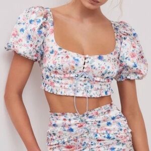 For Love and Lemons - Juliet floral crop top fluff sleeves size M